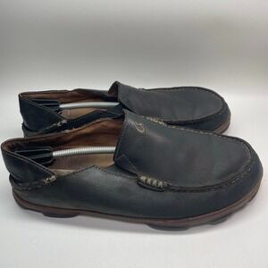 OluKai Moloa Shoes Mens Size‎ 10 Black Brown Slip On Loafers Leather Slippers